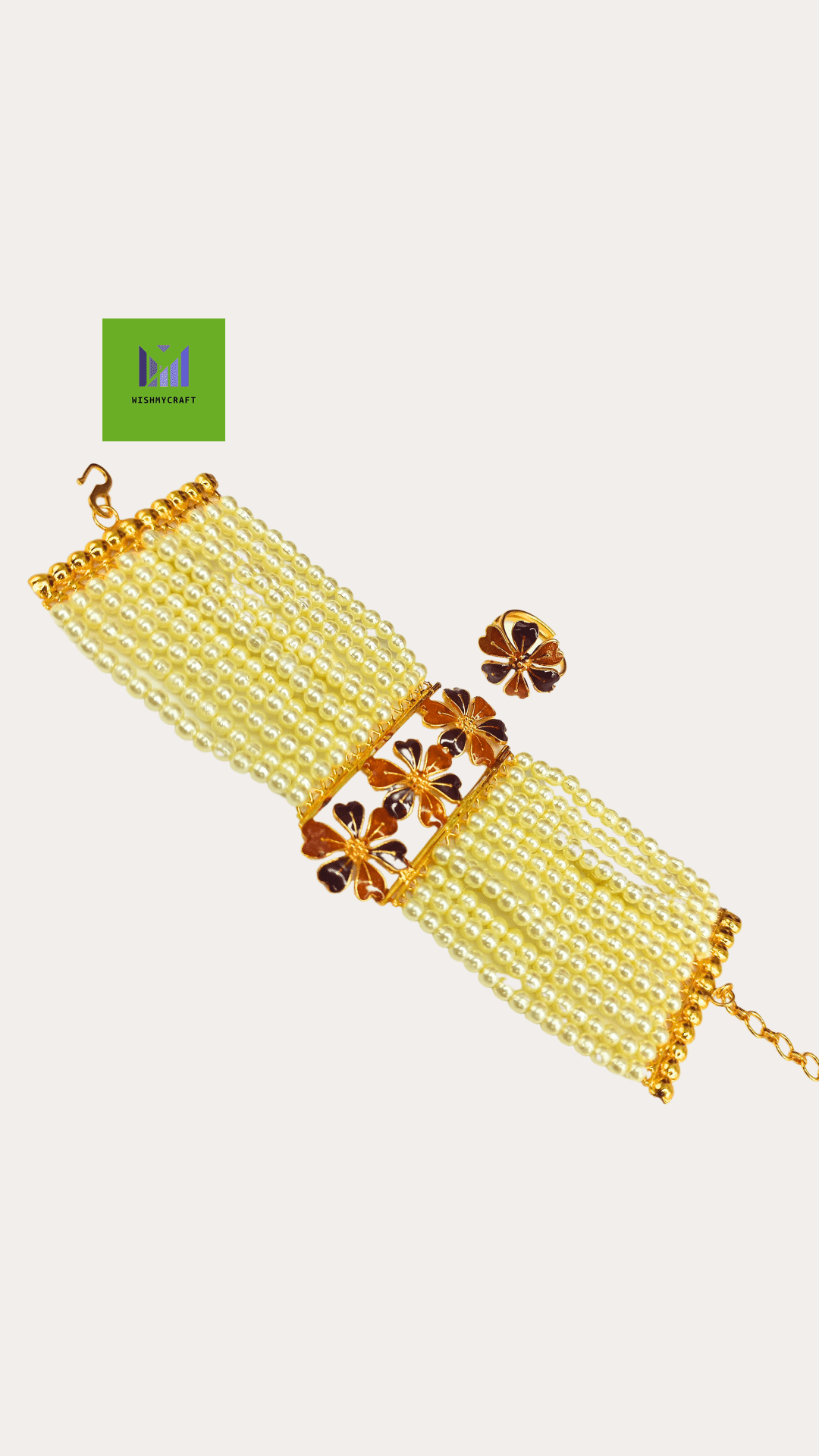 Moti Gold Plated Choker Necklace With Mantasha Bracelet And Adjustable Fingerring