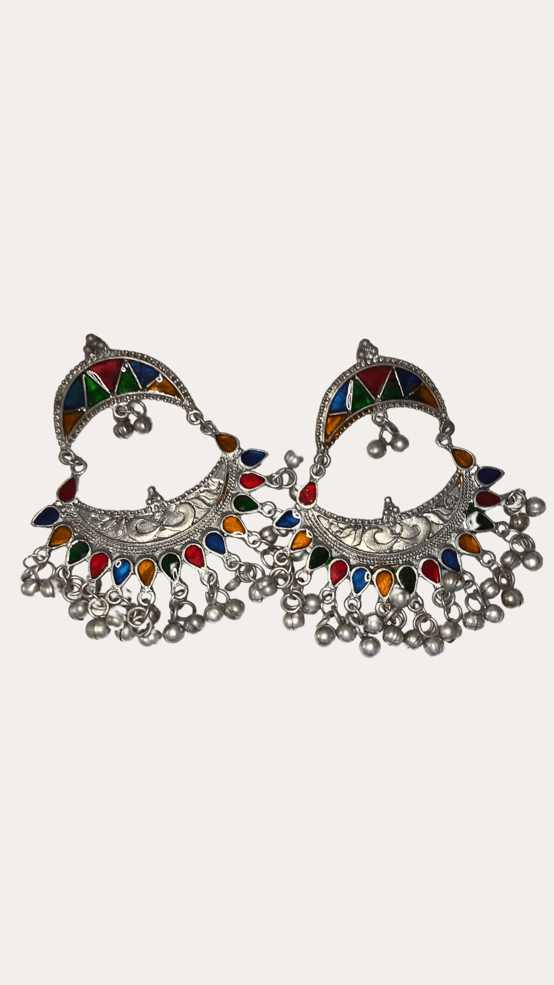 Afghan Multicolored Chandbali Silver Jhumki Earrings