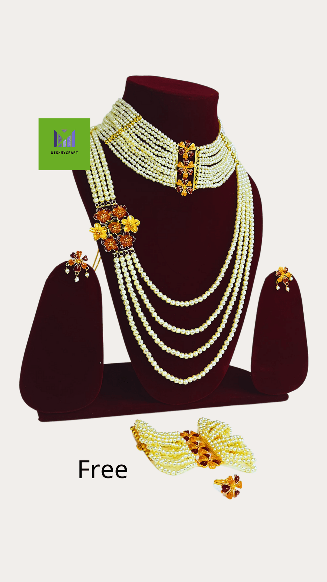Moti Gold Plated Necklace Set With Free Mantasha Bracelet & Adjustable Finger ring