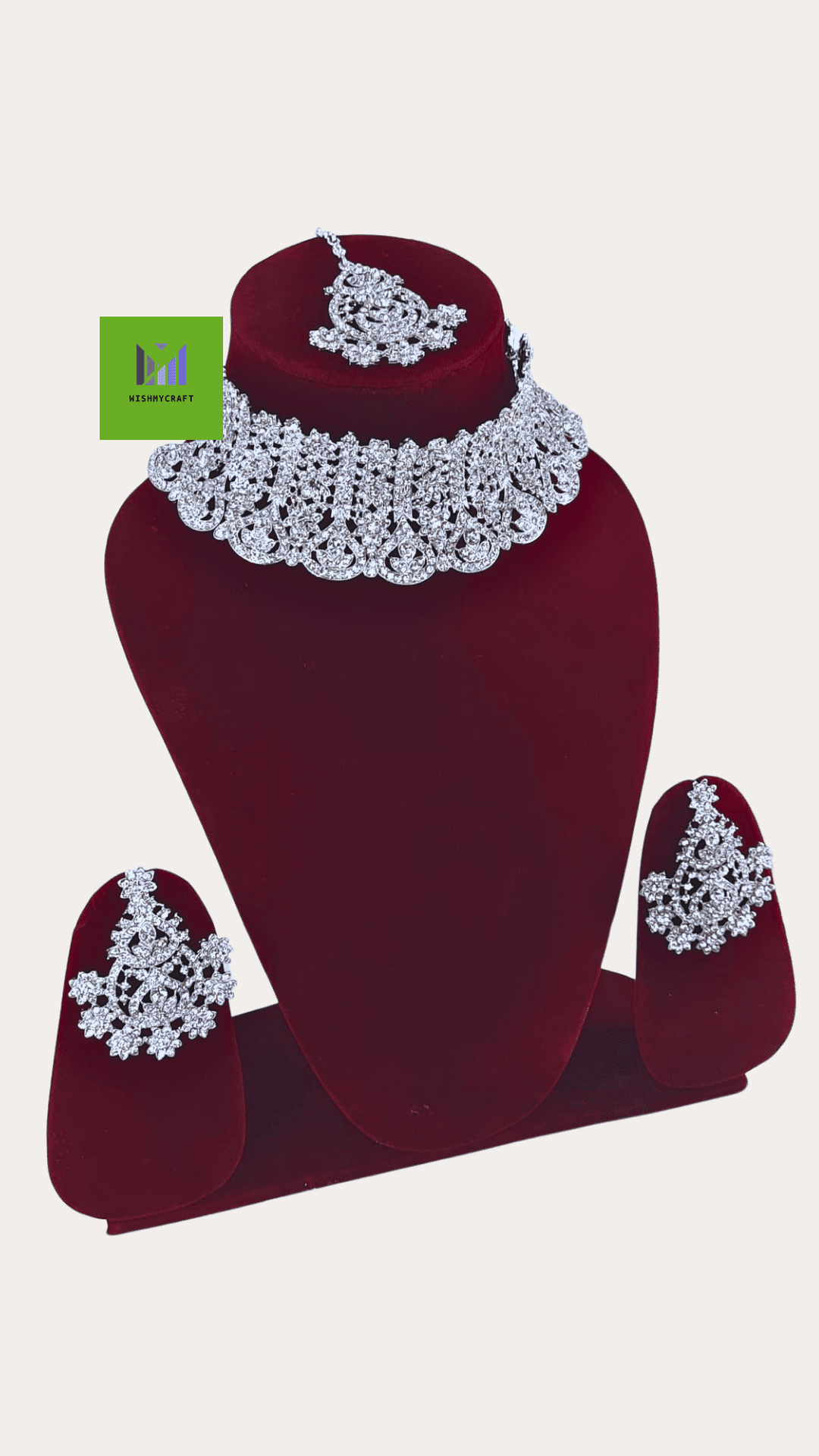 Artificial Rhodium Stone Necklace Set With Mang Tikka