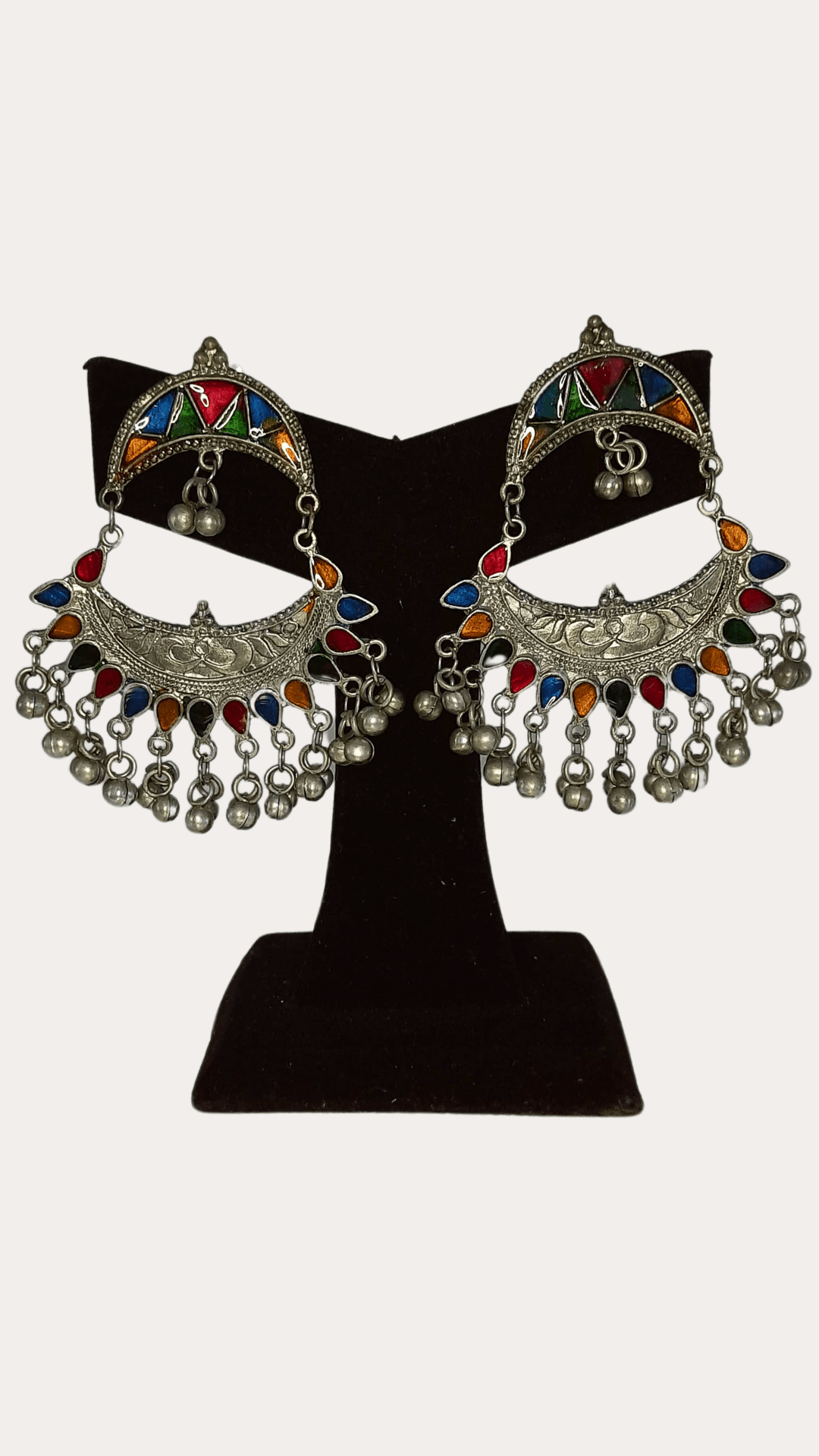 Afghan Multicolored Chandbali Silver Jhumki Earrings