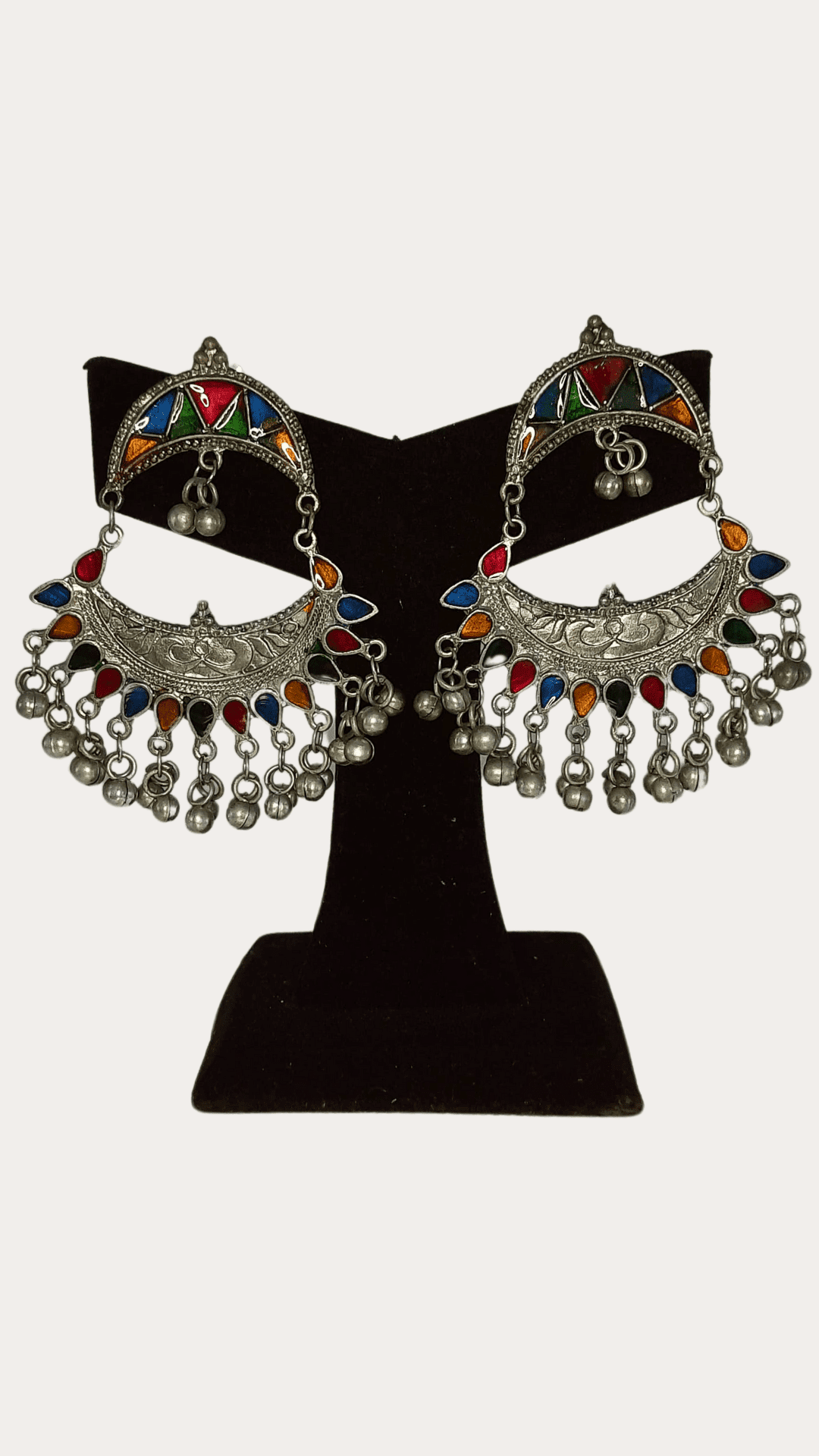 Afghan Multicolored Chandbali Silver Jhumki Earrings