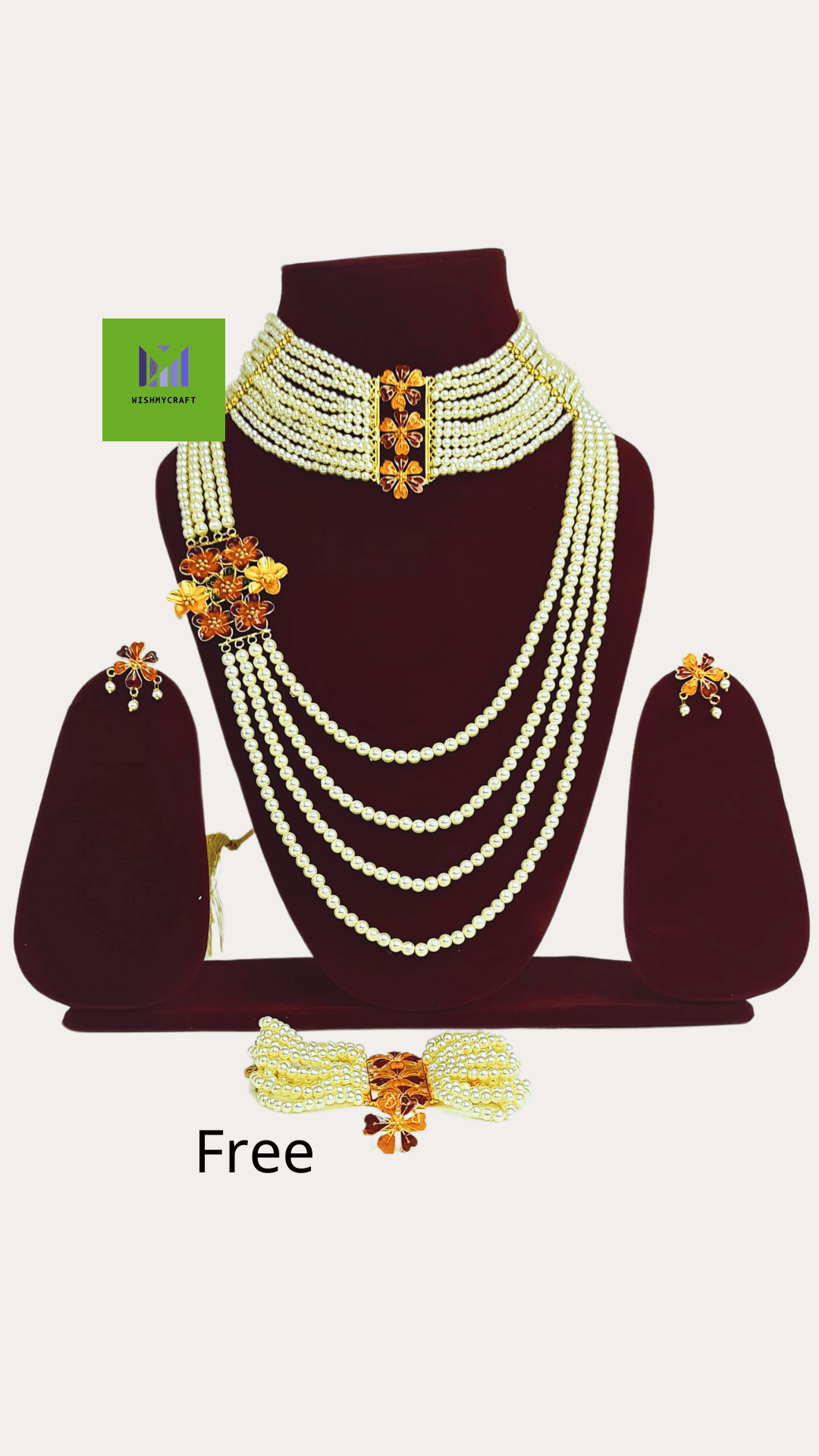 Moti Gold Plated Necklace Set With Free Mantasha Bracelet & Adjustable Finger ring