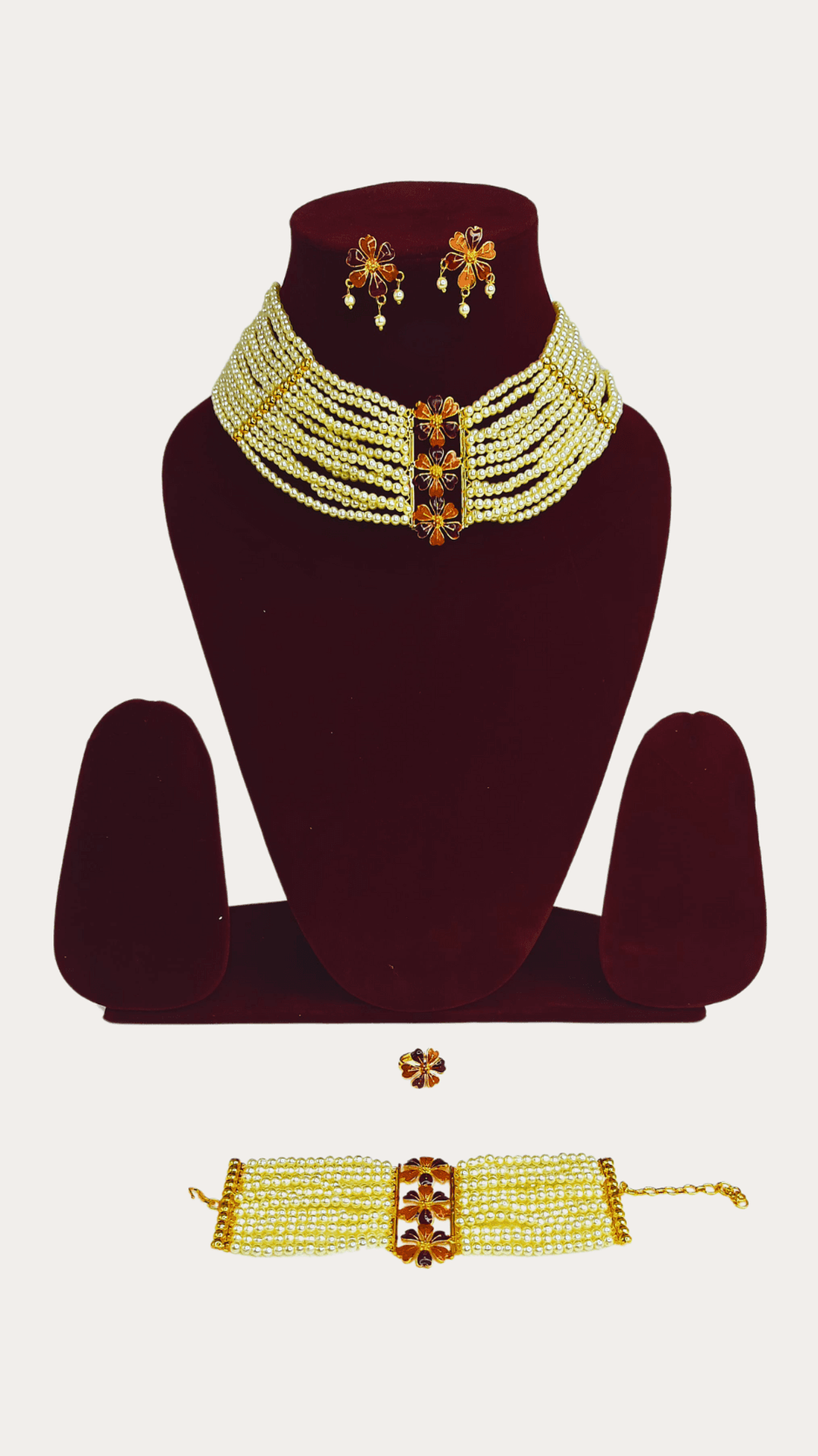 Moti Gold Plated Choker Necklace With Mantasha Bracelet And Adjustable Fingerring