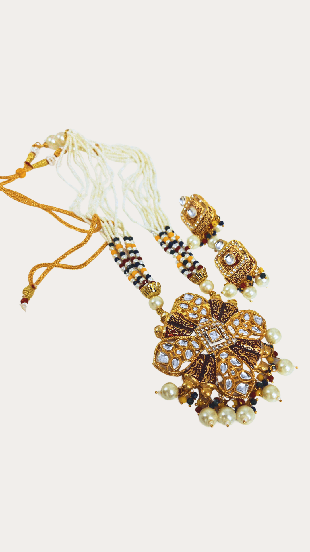 Gold Plated Moti Long Necklace Set With Kundan Work