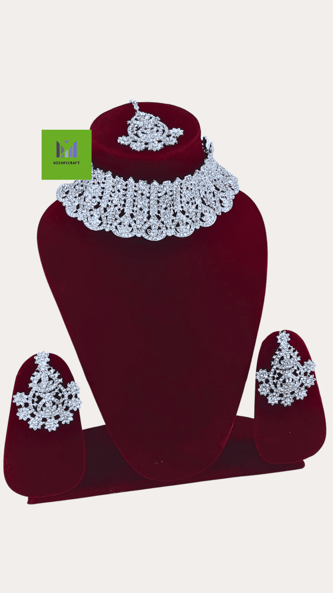 Artificial Rhodium Stone Necklace Set With Mang Tikka