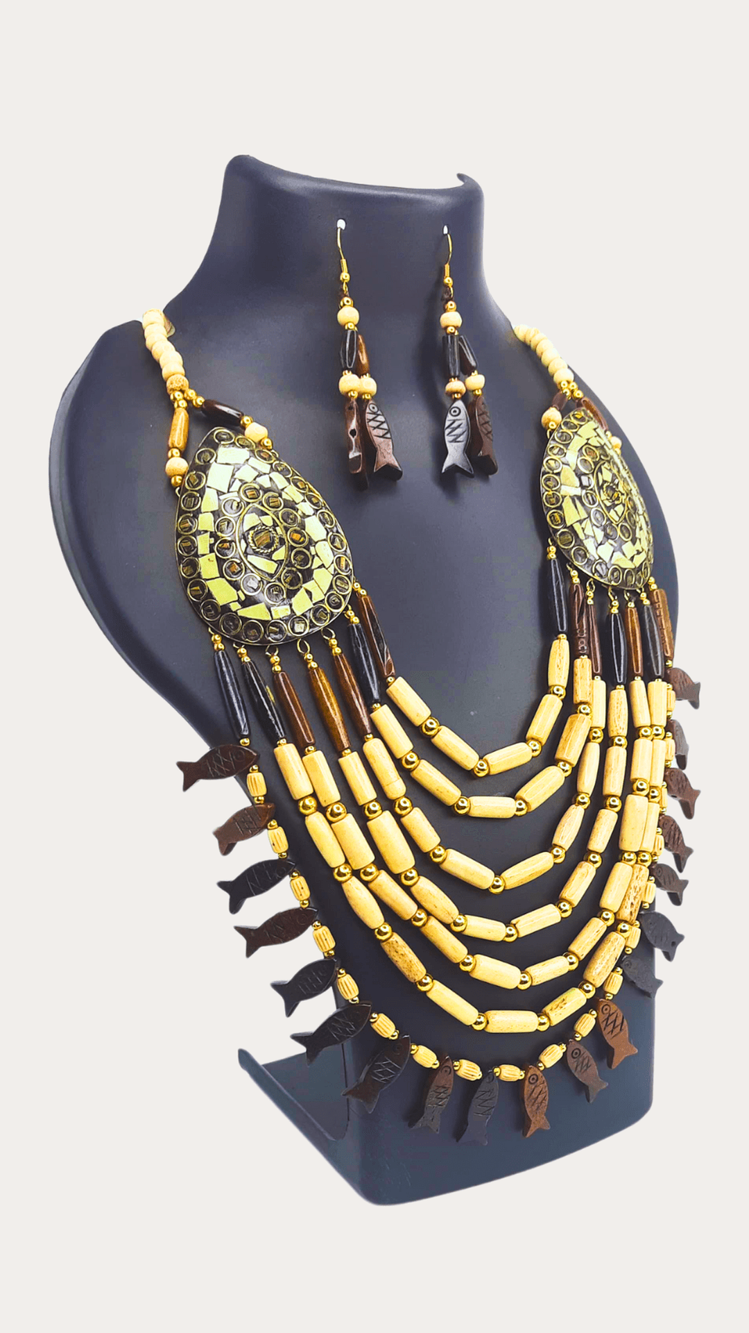 Beads fish motif tibeti long africano tribal necklace