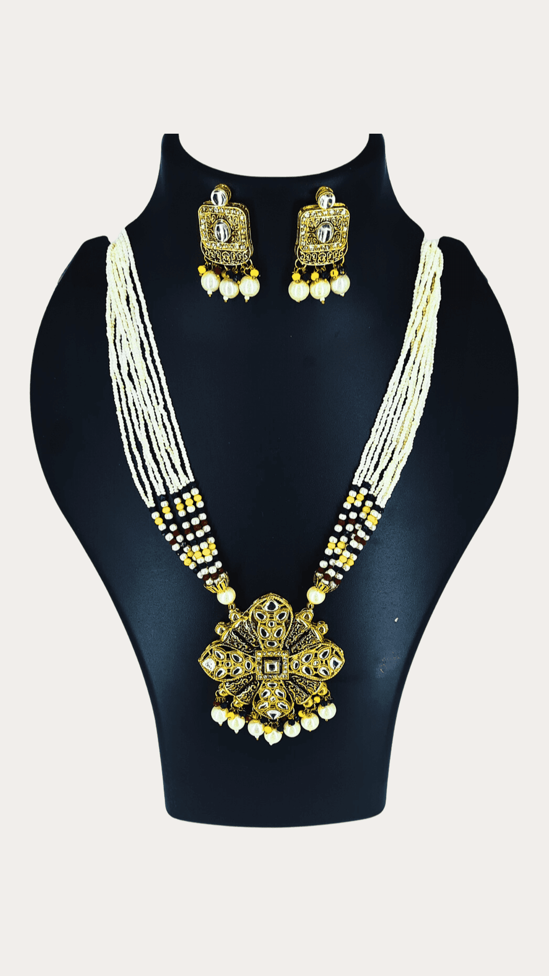Gold Plated Moti Long Necklace Set With Kundan Work