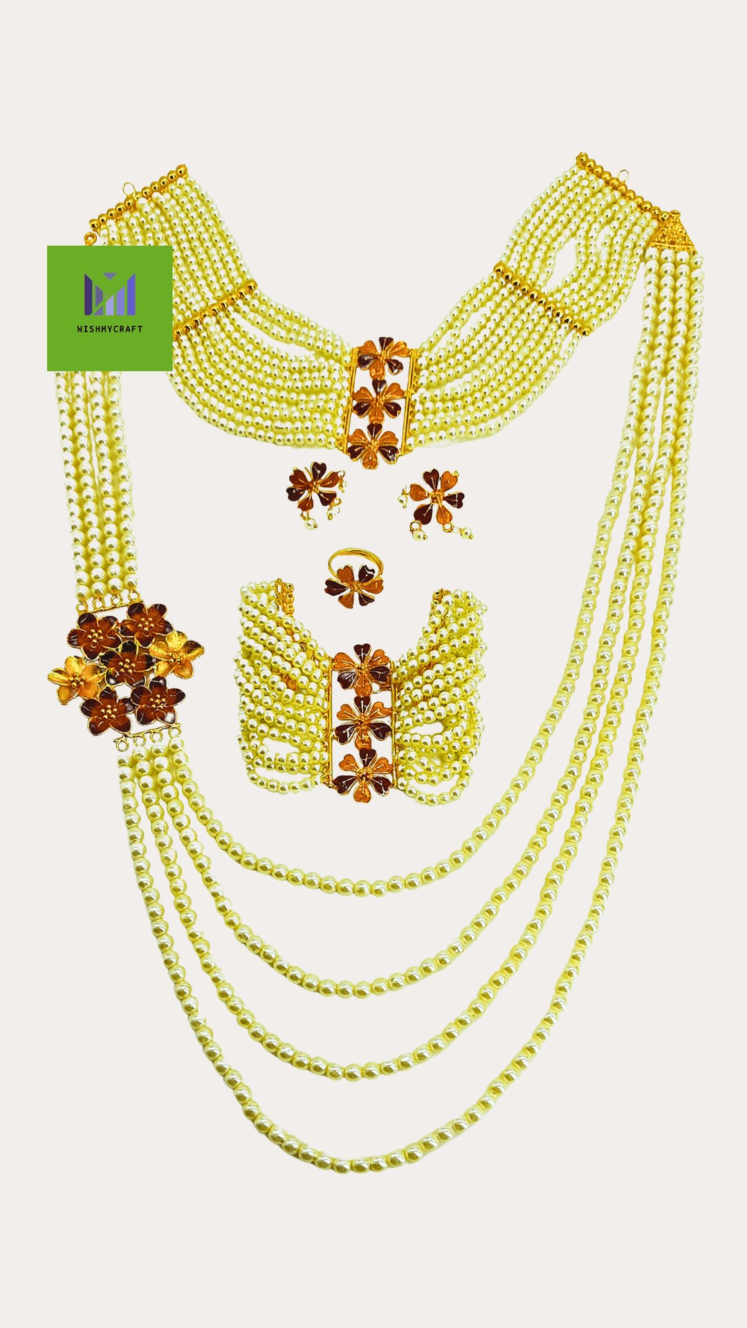 Moti Gold Plated Necklace Set With Free Mantasha Bracelet & Adjustable Finger ring