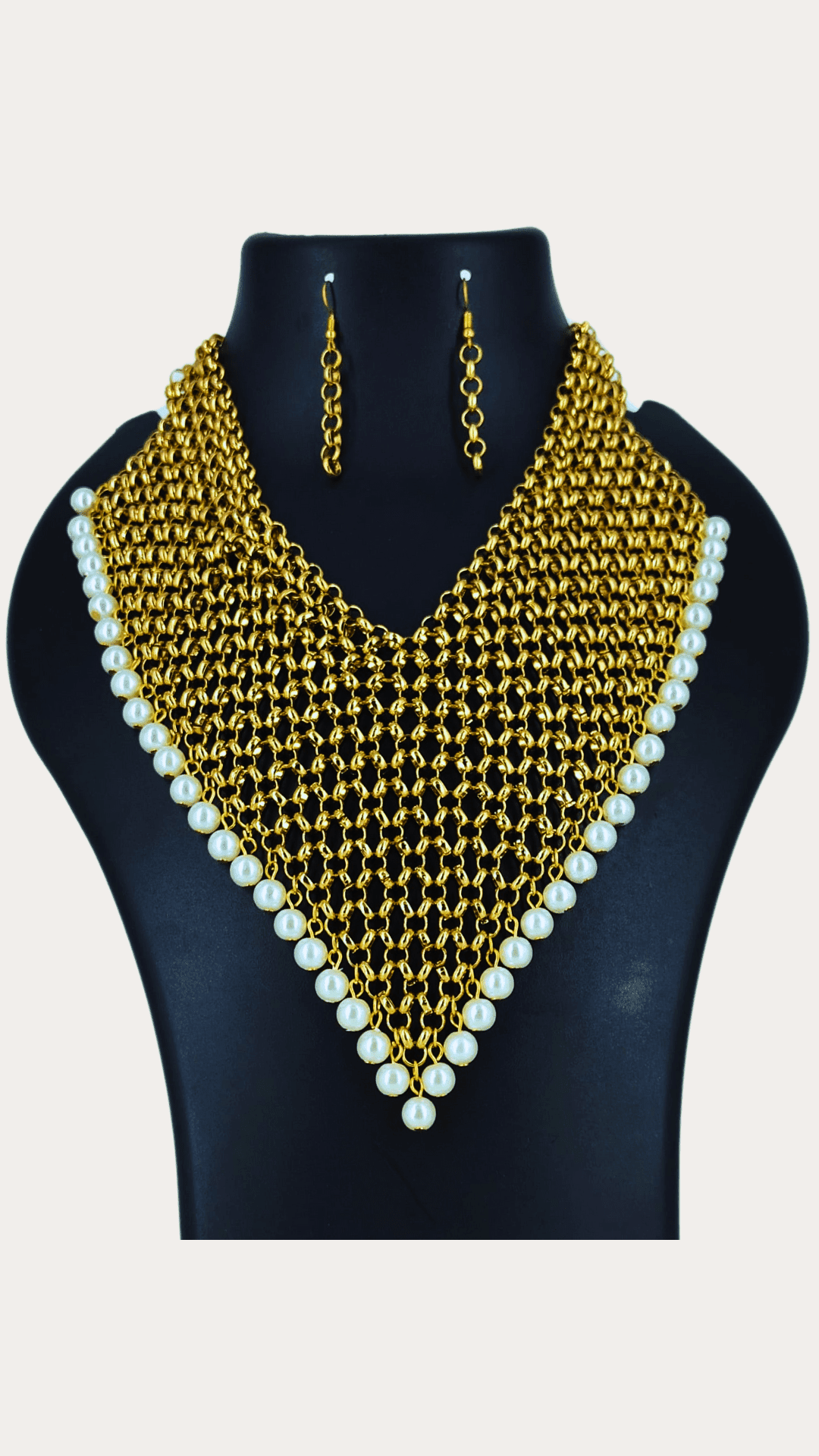 Golden Tone Mesh & Faux-Pearl Collar Necklace