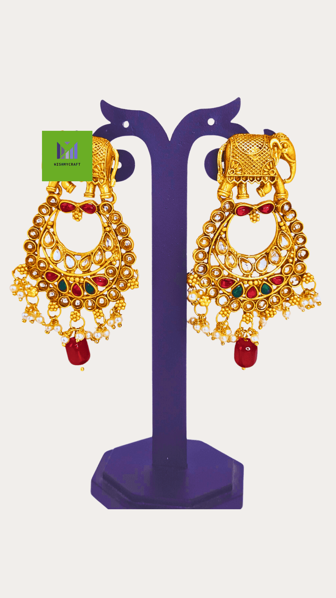 Traditional stone and bead studed elephant style kundan temple golden earring