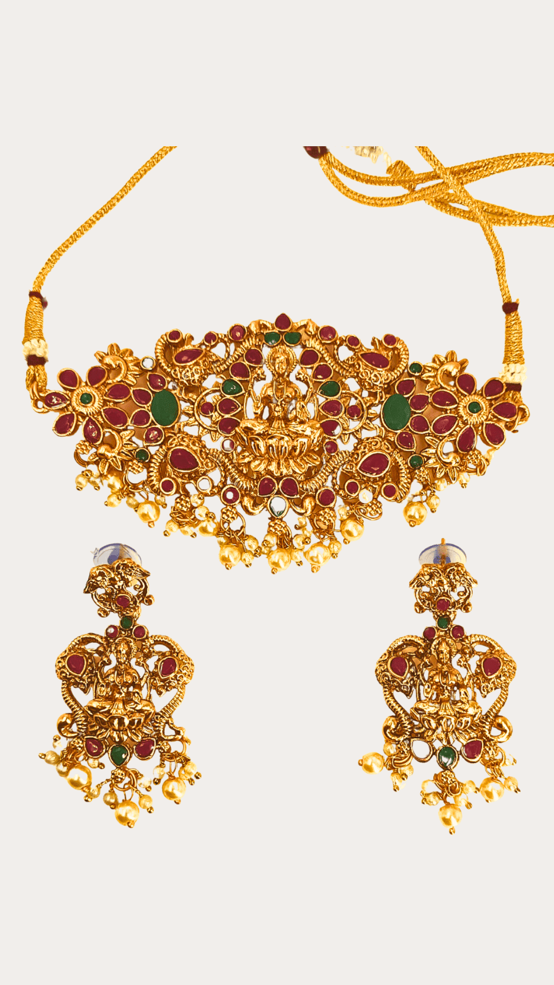 Artificial ruby and emerald stone fitted laxmi choker temple necklace set