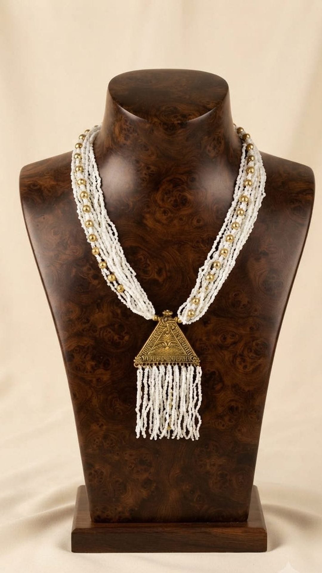 Multi-Strand Seed Bead Necklace with Metal Pendant & Beaded Fringe