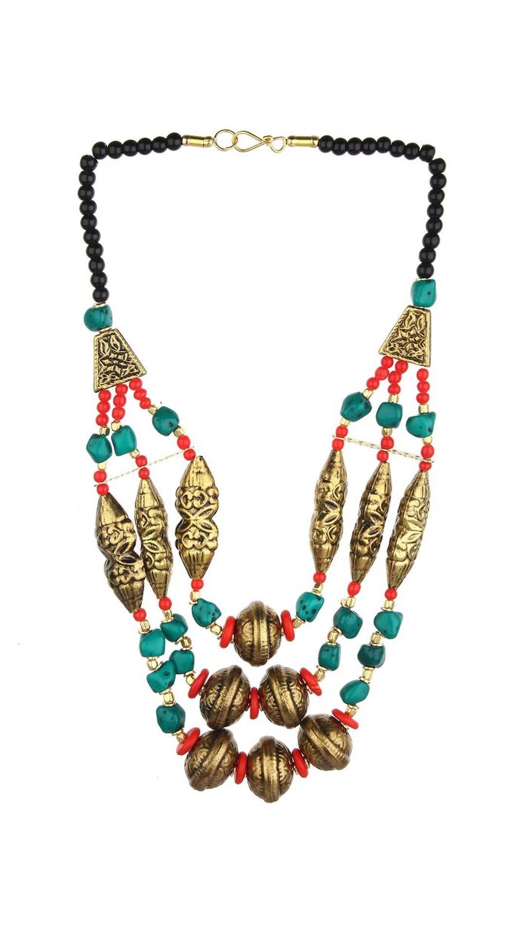 Multicolor Glass Beaded And Turquoise Beaded Lyr Necklace