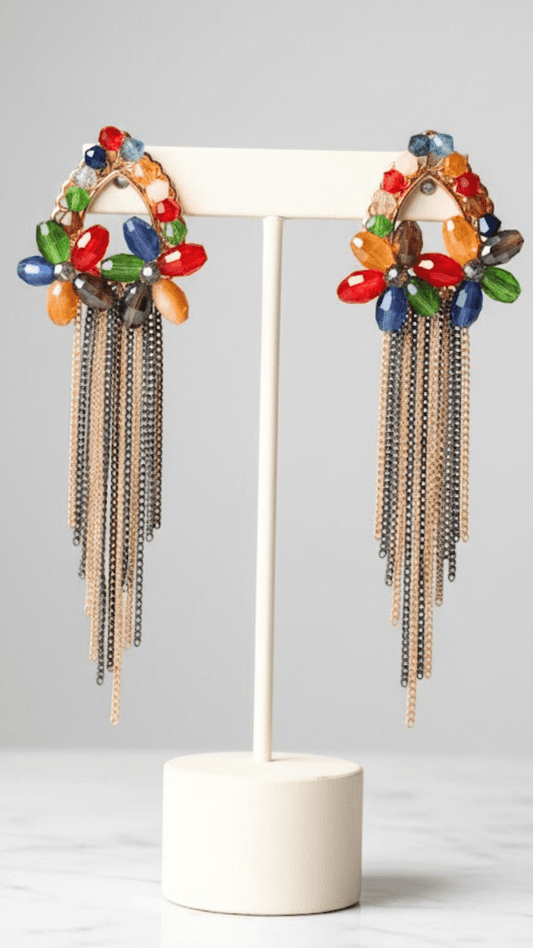 Multi-coloured Stone Studded Floral Shaped Long Chain Dangler Earrings