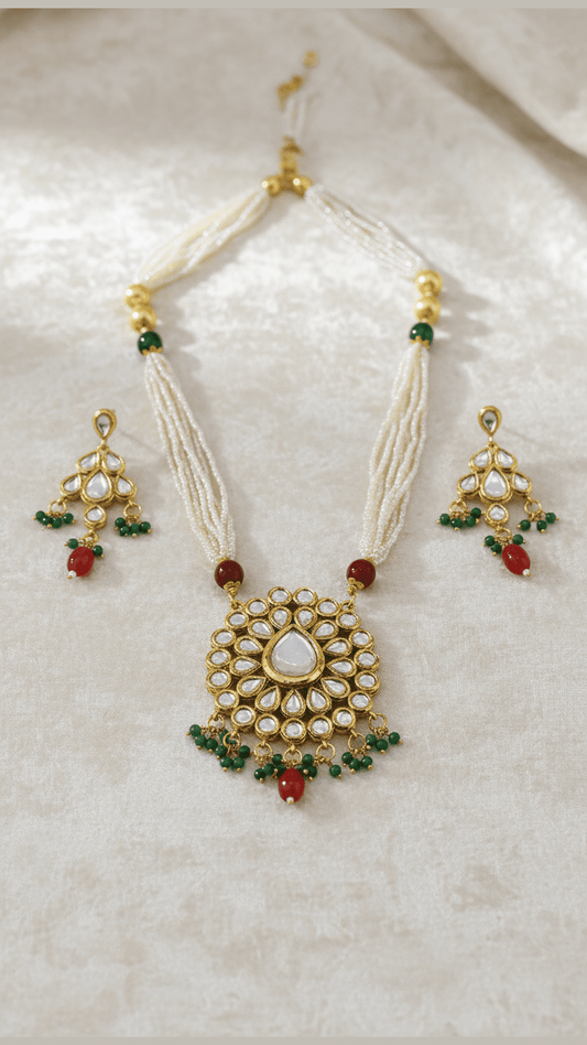 Stunning Kundan work, pearls, and green and red stone moti necklace