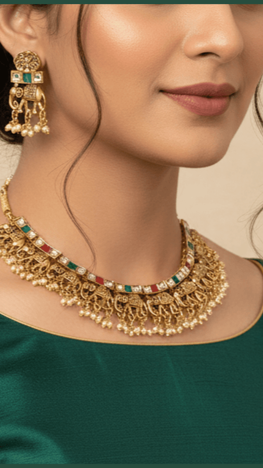 Temple kundan multi colour elephant motif necklace set