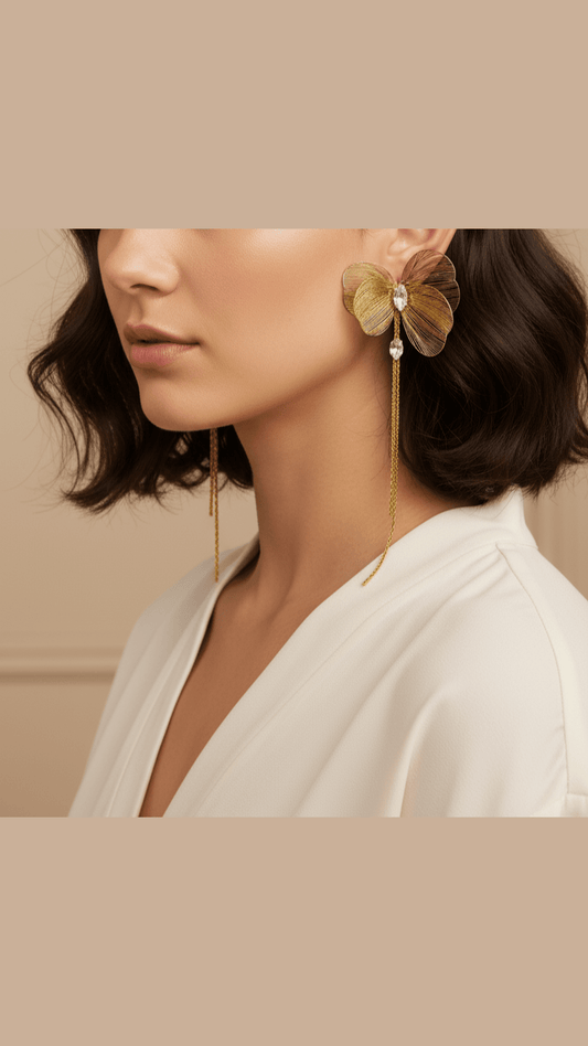 Korean Golden Long Shiny Flower Earrings