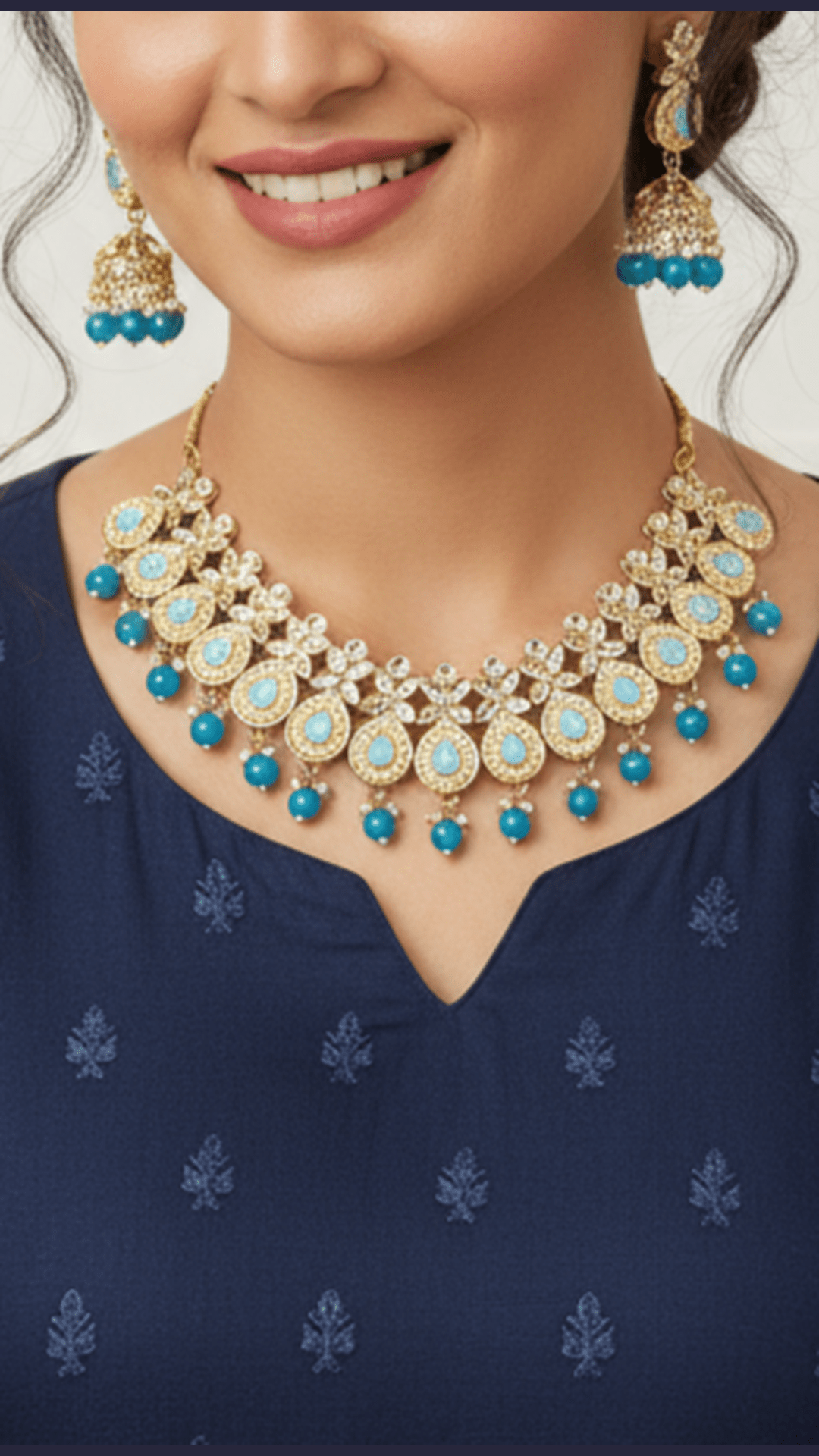 Designer Sky Colour Necklace Set With Jhumka For Women