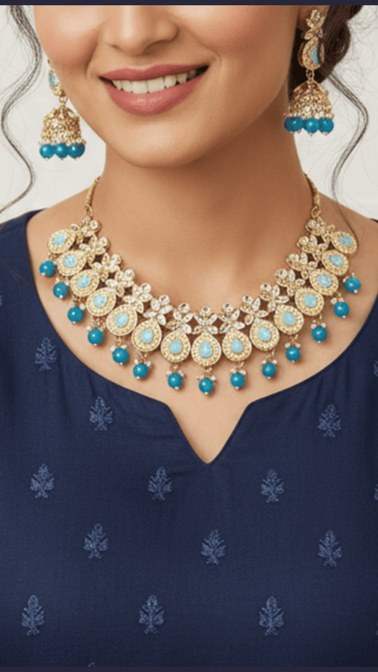 Designer Sky Colour Necklace Set With Jhumka For Women