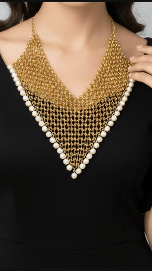 Golden Tone Mesh & Faux-Pearl Collar Necklace