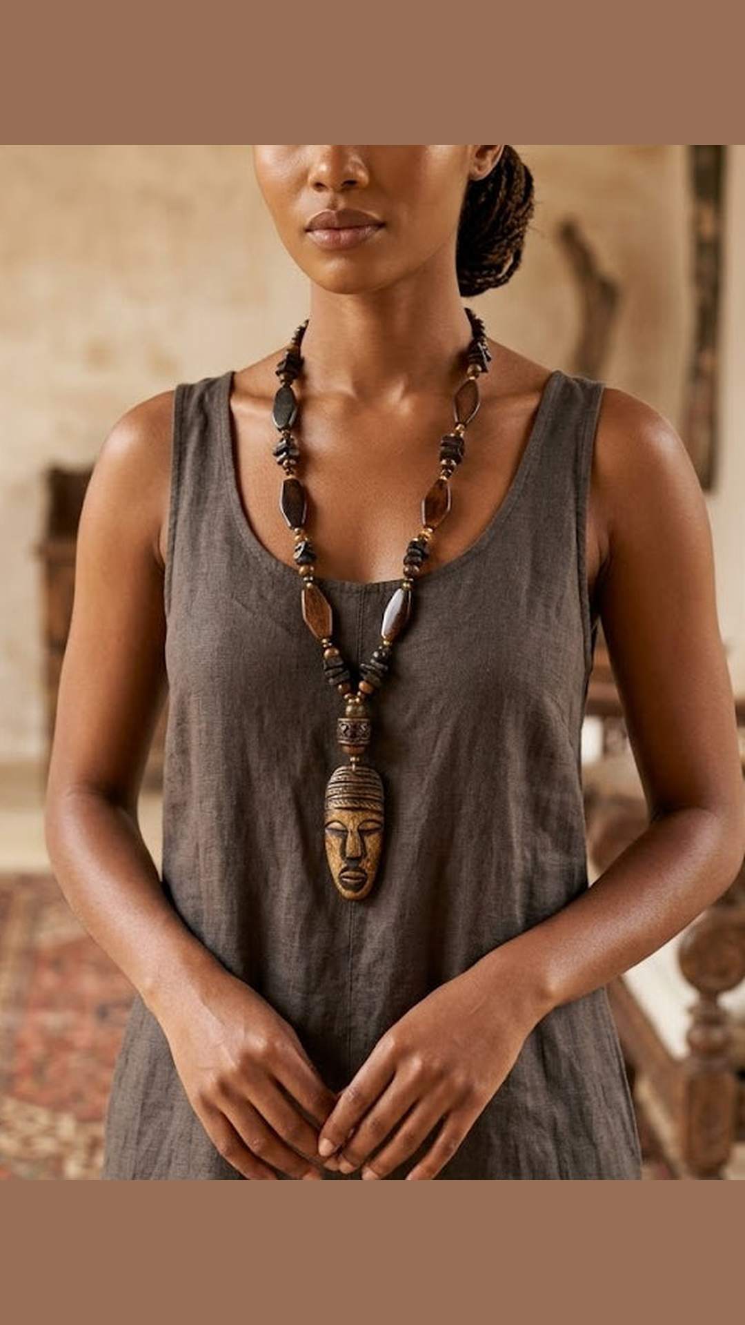 African Long Beads Necklace With Tribal Face Mask Pendent