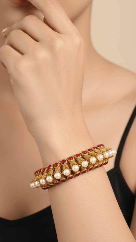Kundan Red Stone With Moti Pearl Bangle