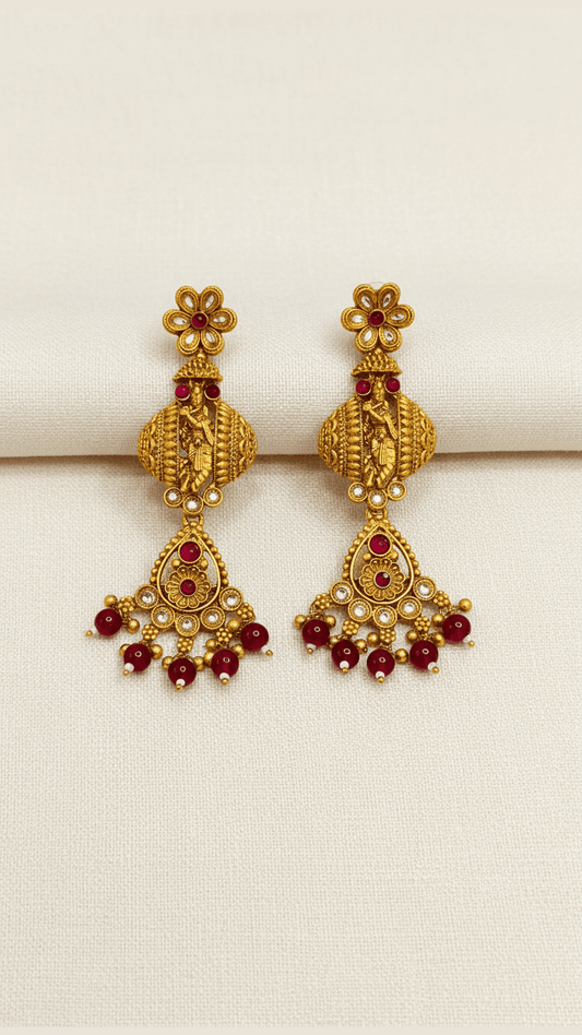 Traditional krishna kundan temple jhumki style golden earring with red drops