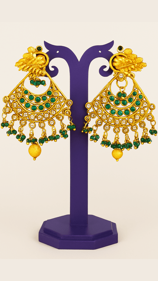 Traditional Chandbali Kundan Temple Golden Earring with Green Drops