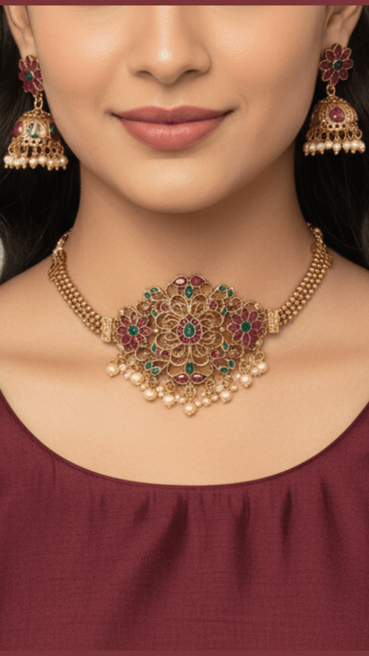 Artificial ruby and emerald floral type temple choker necklace set with jhumka