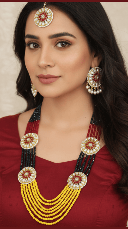Kundan Multi Colour Crystal Necklace Set With Mang Tikka
