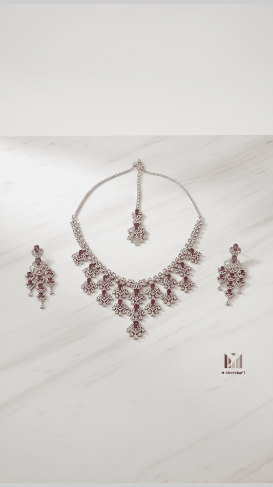 Rose Golden Shimmering Costume Necklace Set With Maang Tikka