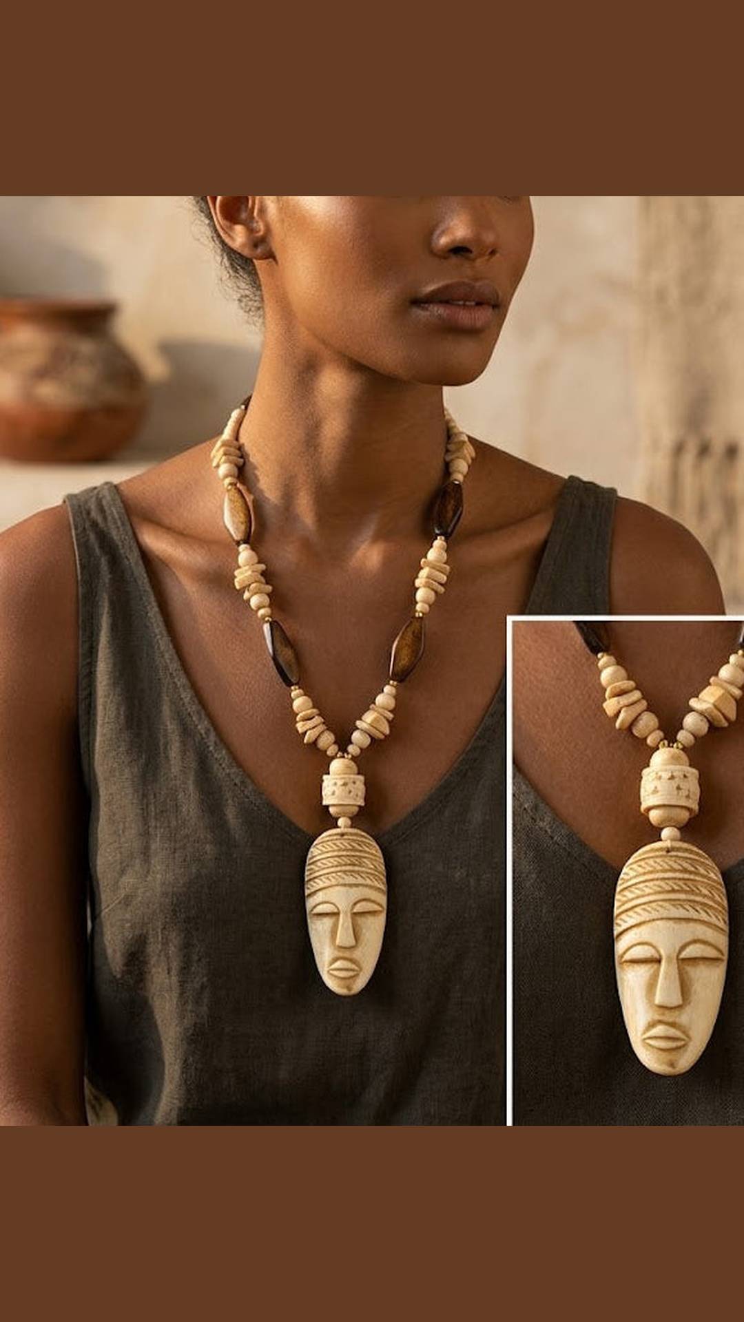 African Long Beads Necklace With Tribal Face Mask Pendent