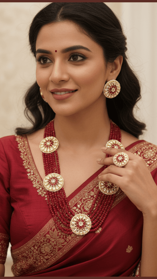 Kundan maroon colour crystal necklace set with maang tikka