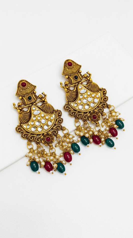 Kundan Temple Golden Earring With Dancing Lady Motif and Multicolour Bead Drops