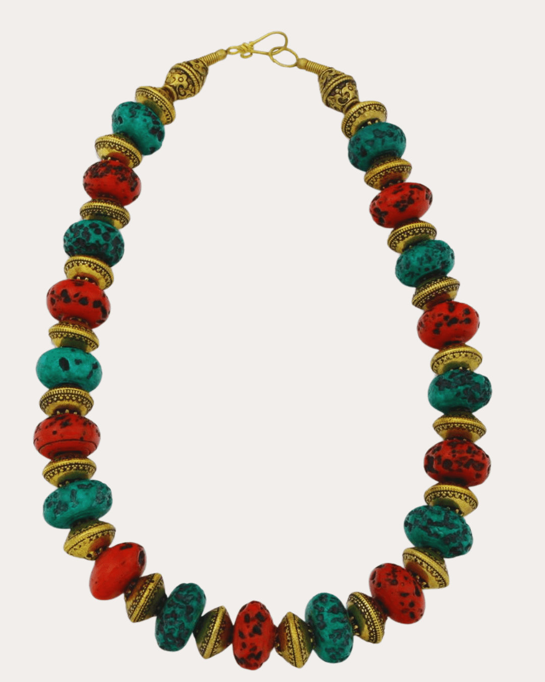 Beaded Red And Emerald Colour Necklace With Embossed Brass