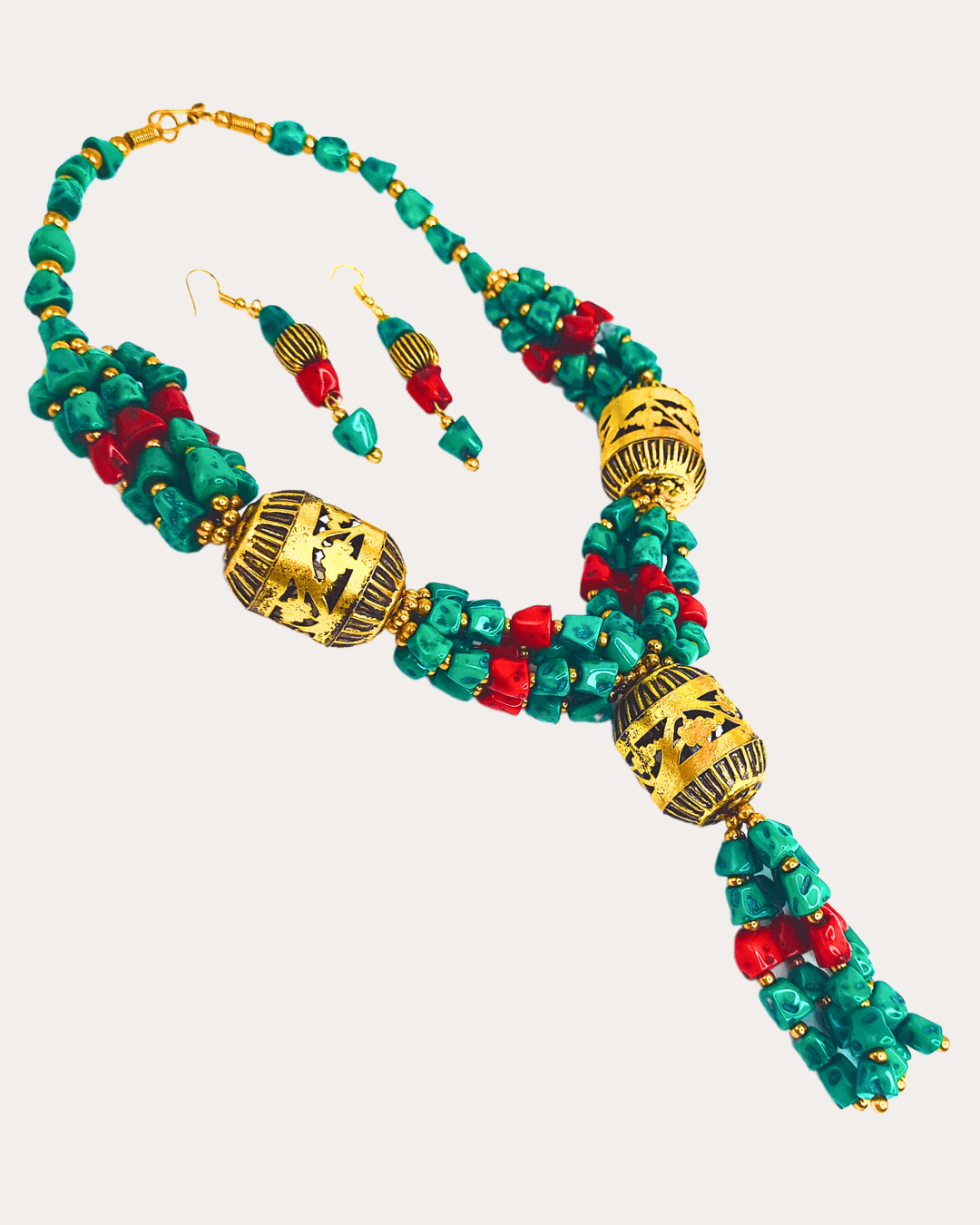 Green And Red Beaded Necklace Set With Golden Accents