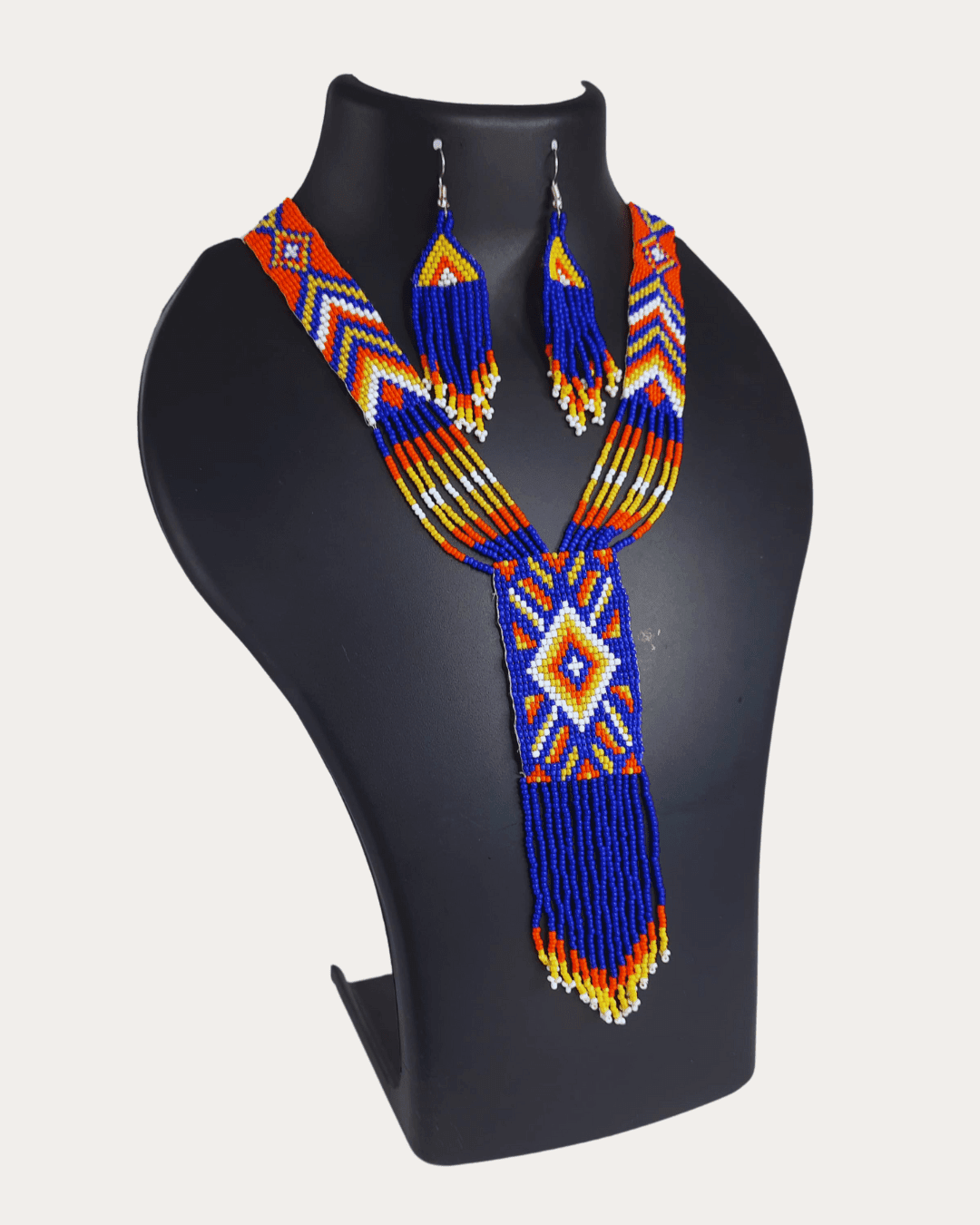 Trib Blue Orange Seed Beads Beaded Long Necklace Earrings Set for women