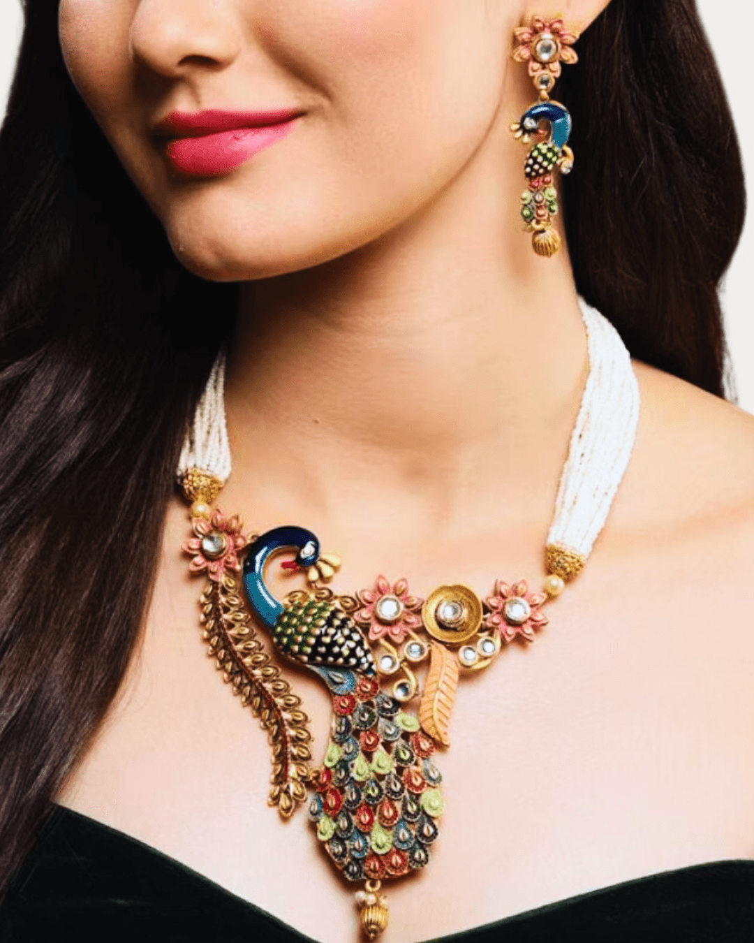 Long Meenakari Peacock Necklace Set, Indian Necklace,