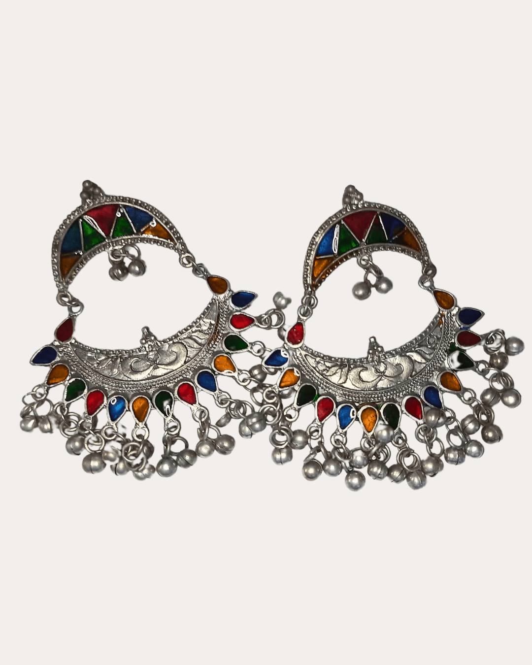 Afghan Multicolored Chandbali Silver Jhumki Earrings