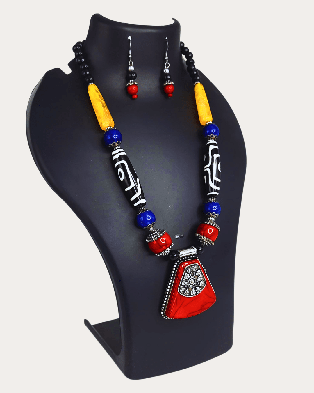 Tibetan Multicolor Beads Beautifully Crafted Necklace with Earrings