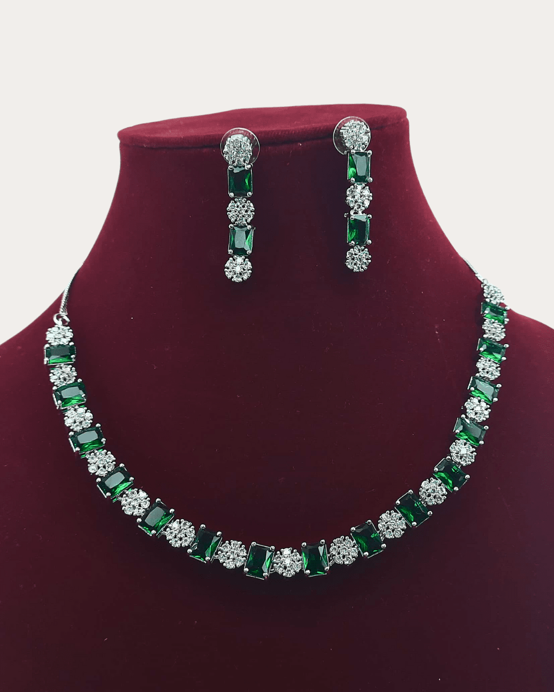 Square Shaped Green Stone Costume Ad Necklace Set