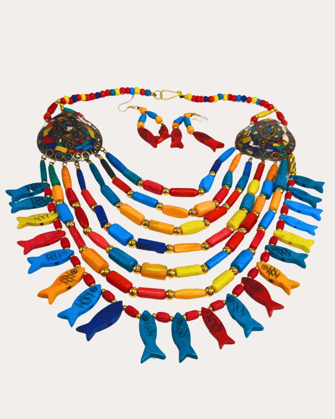 Turquoise Tibeti Fish Motif Multi Colour Beads Necklace