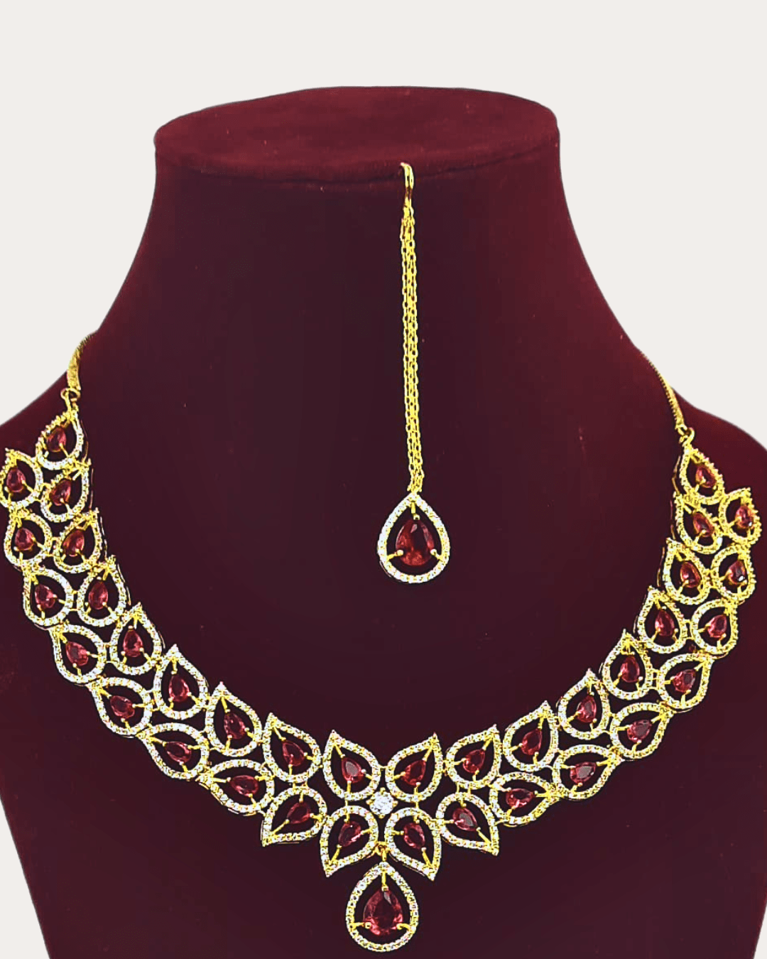 Costume Ad Stone Fitted Elegant Rose Colour Necklace Set With Maang Tikka