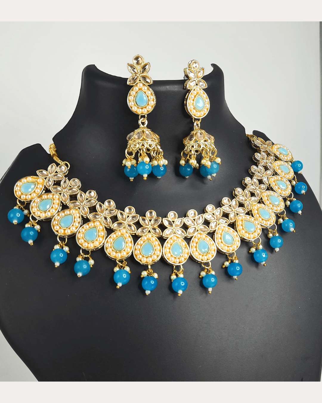 Designer Sky Colour Necklace Set With Jhumka For Women