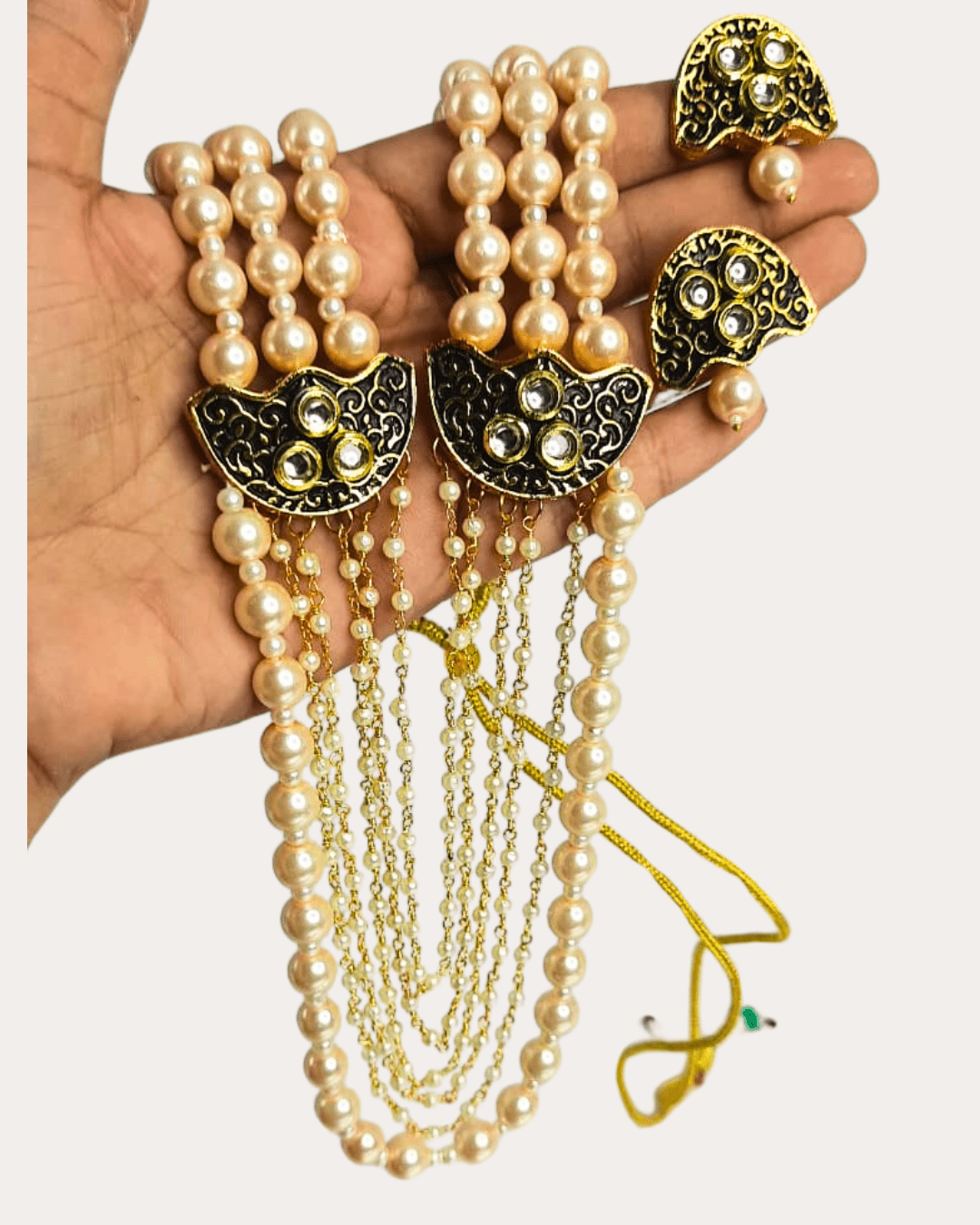 Pearl Triple Line Moti Mala Kundan Necklace Set