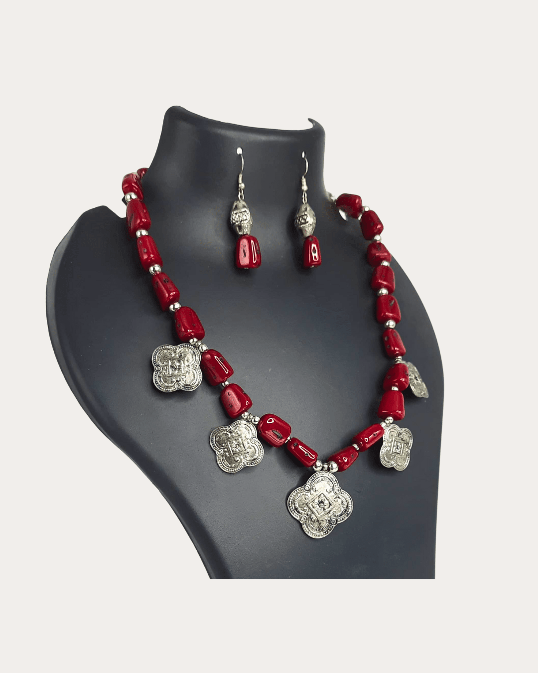 Red Beaded Necklace Set with Silvery Accents Charms