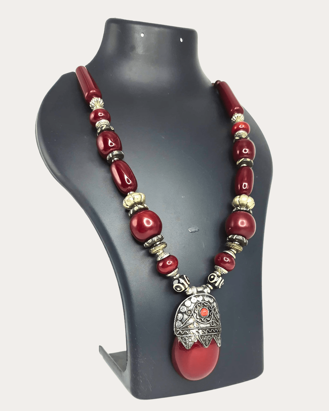 Ethnic Maroon Bead Necklace with Silvery Pendant