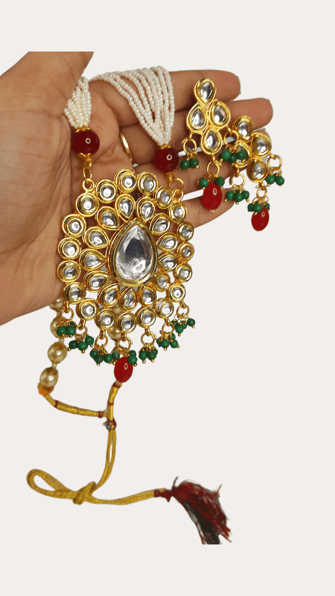 Stunning Kundan work, pearls, and green and red stone moti necklace