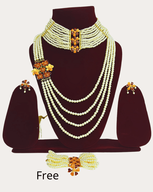 Moti Gold Plated Necklace Set With Free Mantasha Bracelet & Adjustable Finger ring